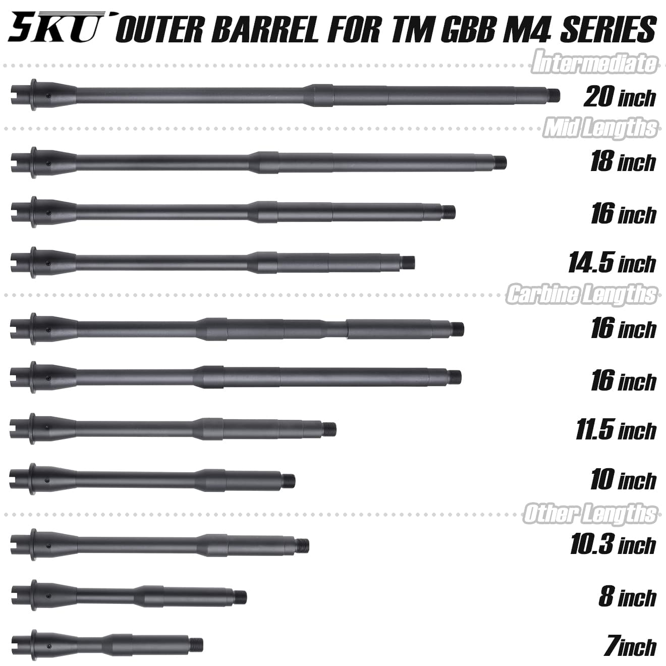 5KU アルミCNC ライトウェイト アウターバレル ミッドレングス for TM GBB M4 [長さ：14.5インチ  / 16インチ / 18インチ]