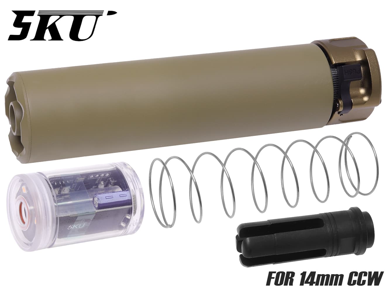 5KU SOCOM5.56 MINI2タイプ サプレッサー ｗ/ SPLIT FIRE マズルフラッシュ トレーサー for 14mmCCW [カラー：ブラック / TAN]
