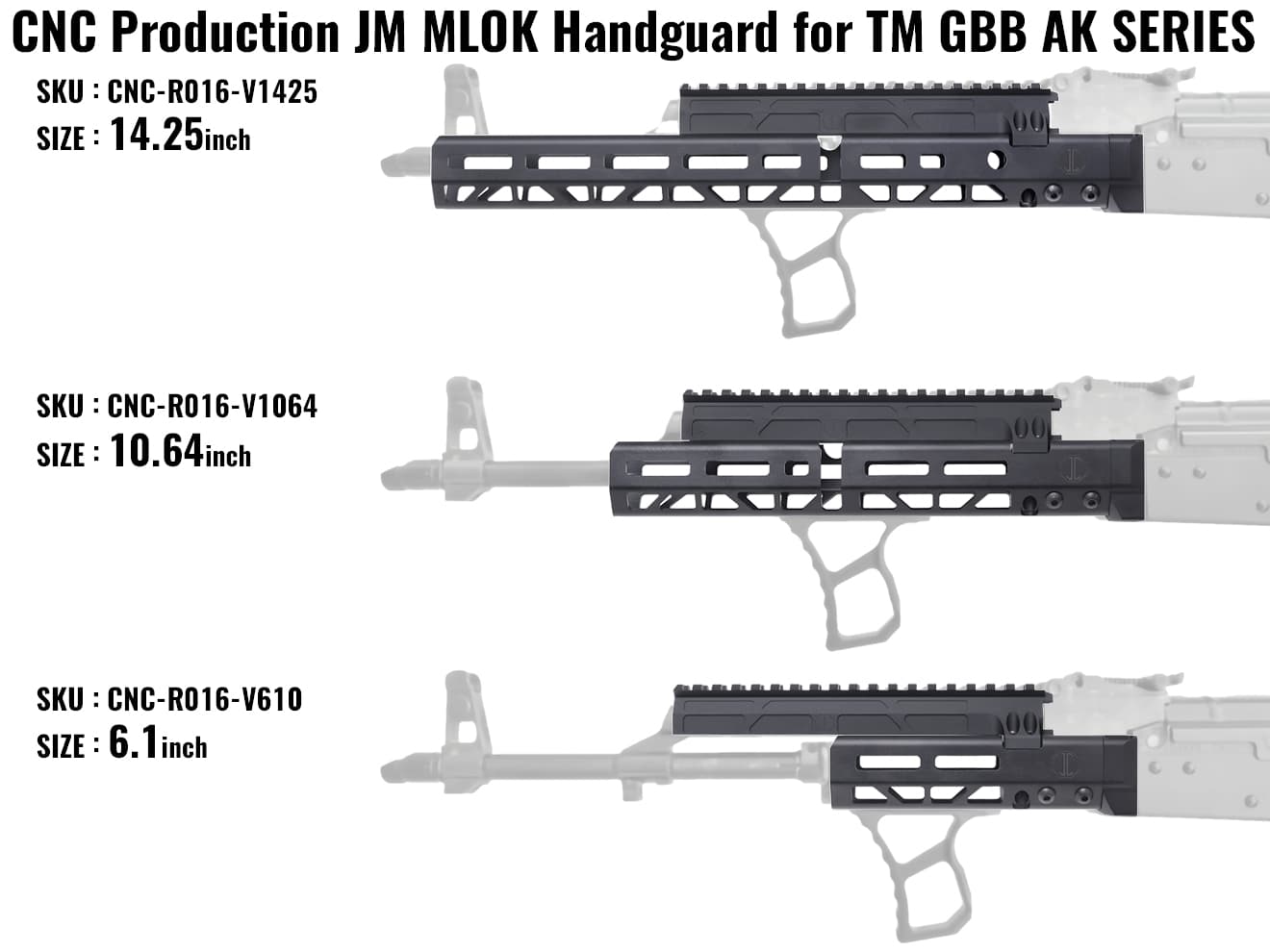 CNC Production JM アルミCNC M-LOK ハンドガード w/ レールドガスチューブ for GHK/マルイ GBB AK [サイズ：6.1インチ / 10.64インチ / 14.25インチ]