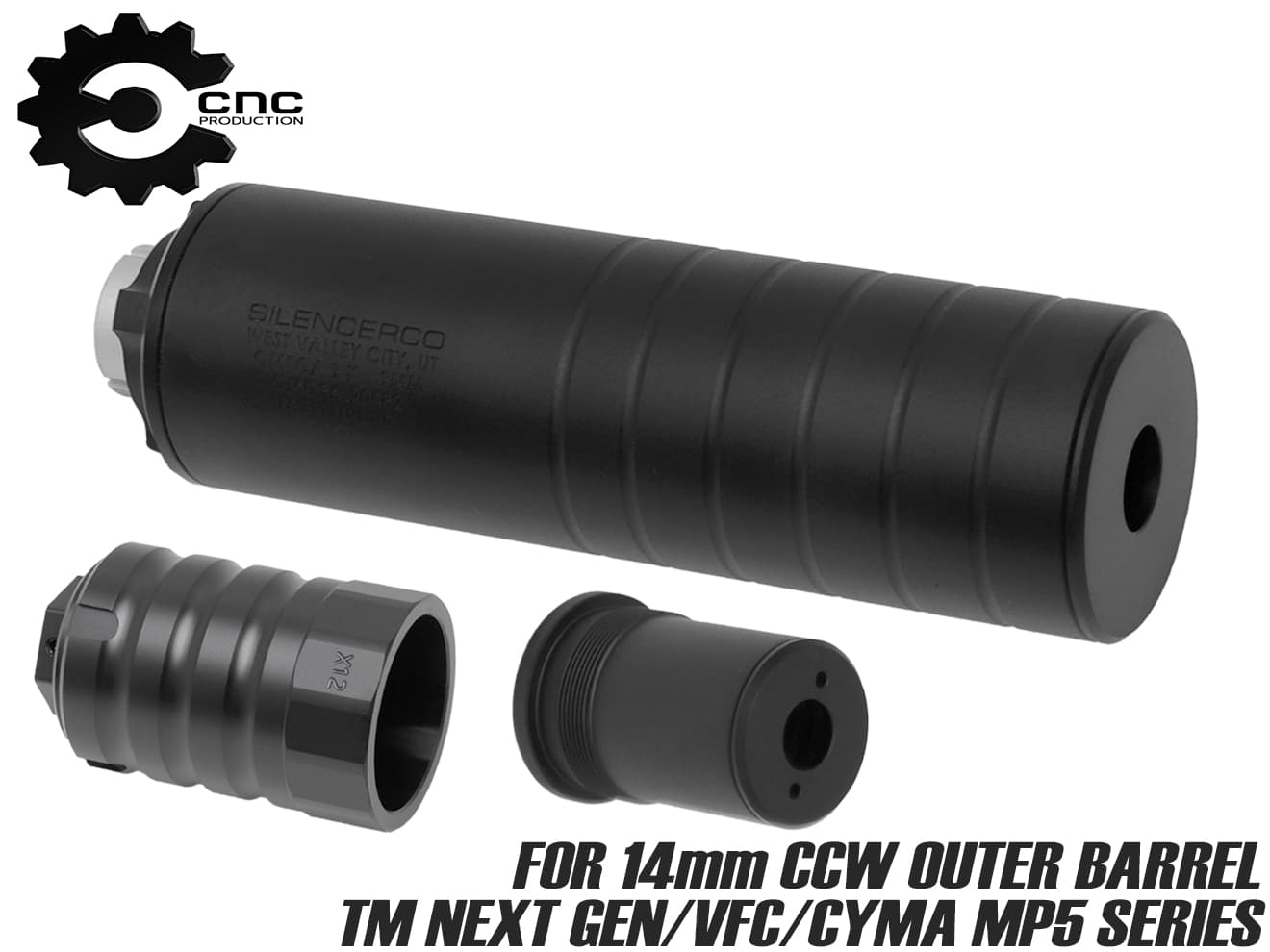 CNC Production Omega9Kタイプ サプレッサー for 14mmCCW / MP5 [セット内容：本体のみ / マズルブレーキセット / マズルブレーキ＋トレーサー]