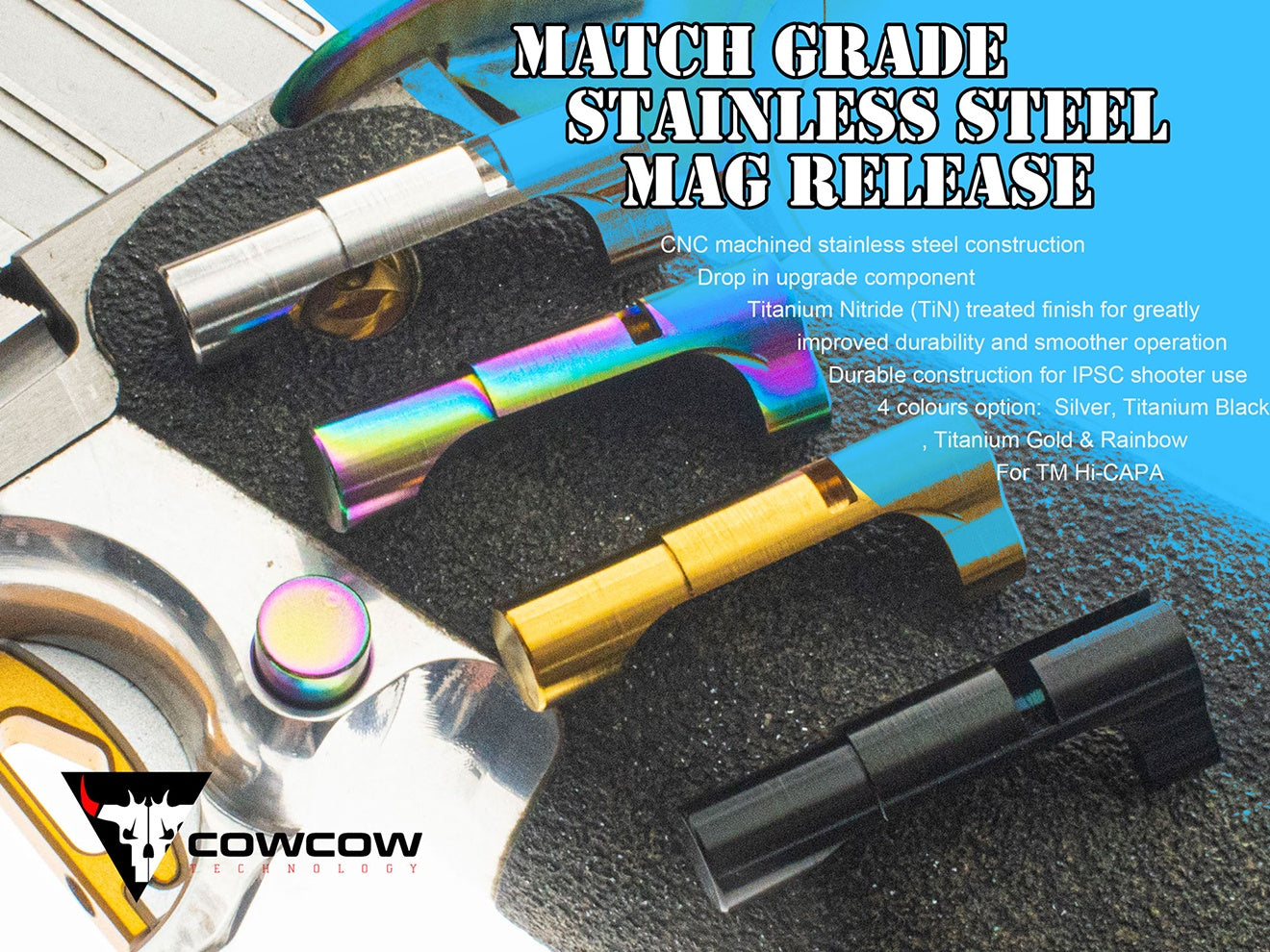 COWCOW TECHNOLOGY ステンレスCNC マッチグレード マガジンキャッチ マルイ Hi-CAPAシリーズ [カラー：ブラック / シルバー / ゴールド / レインボー]
