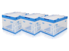 折り畳みコンテナ 50L 中窓2箇所付(長辺１＆短辺１) クリア＆ブルー [入り数：1個 / 3個 / 5個]