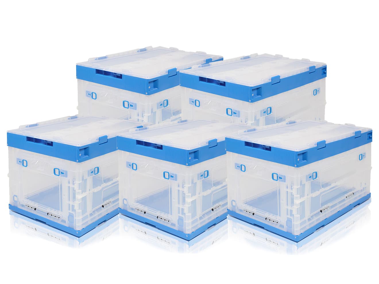 折り畳みコンテナ 50L 中窓2箇所付(長辺１＆短辺１) クリア＆ブルー [入り数：1個 / 3個 / 5個]