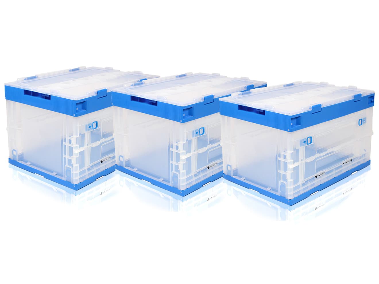 折り畳みコンテナ 50L 中窓1箇所付(長辺１) クリア＆ブルー [入り数：1個 / 3個 / 5個]