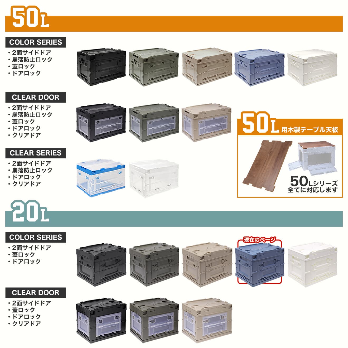 折り畳みコンテナ 20L 中窓2箇所付(長辺１＆短辺１) [カラー：BK / T / O / W / BL]