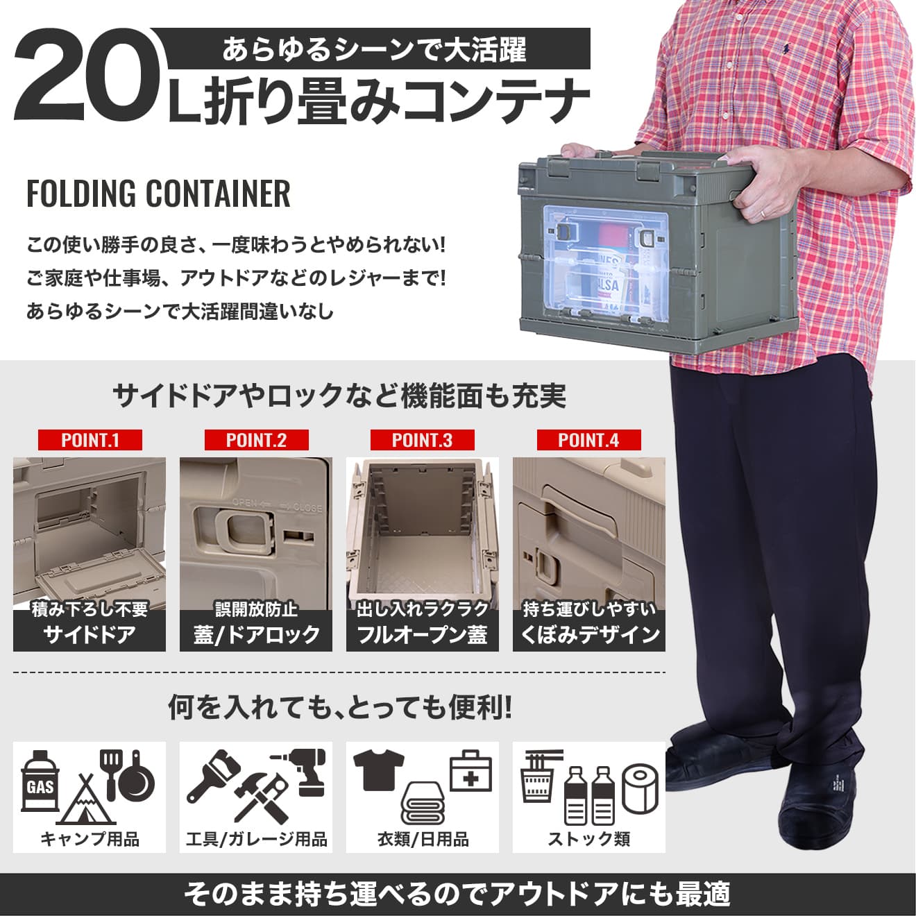 ミリタリーベース 折り畳みコンテナ 20L クリア中窓2箇所付(長辺１＆短辺１) [カラー：BK / TAN / OD]