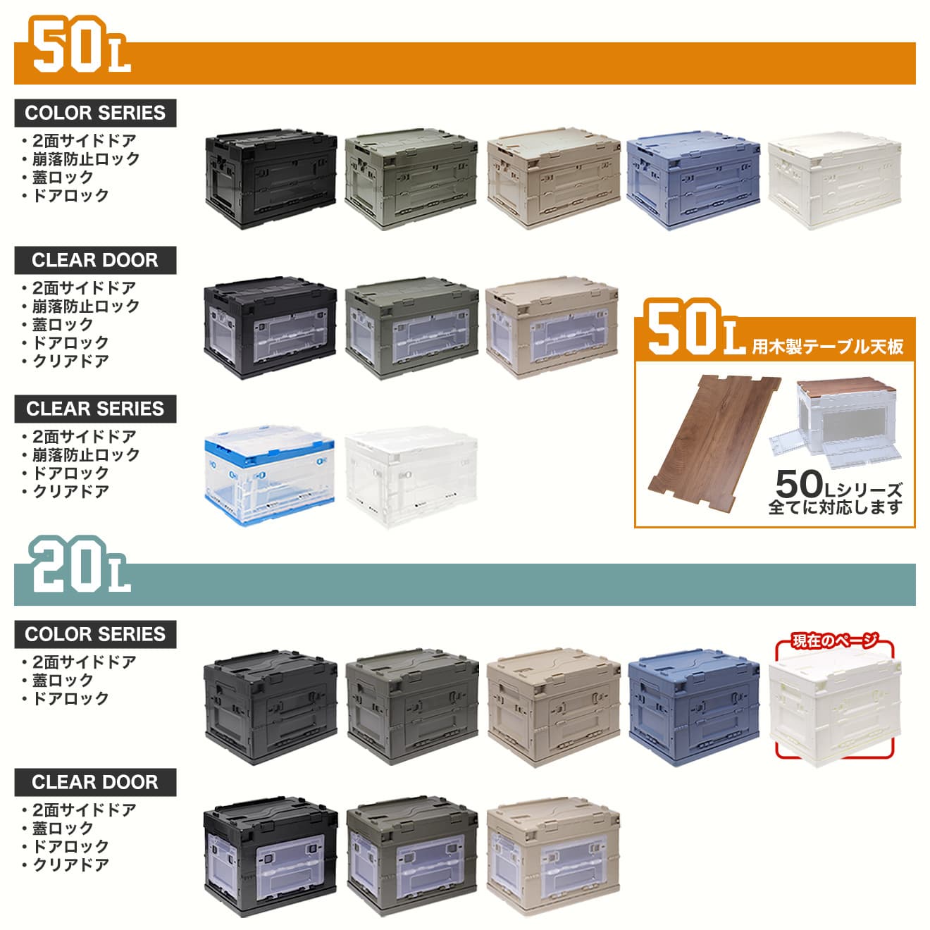 折り畳みコンテナ 20L 中窓2箇所付(長辺１＆短辺１) [カラー：BK / T / O / W / BL]