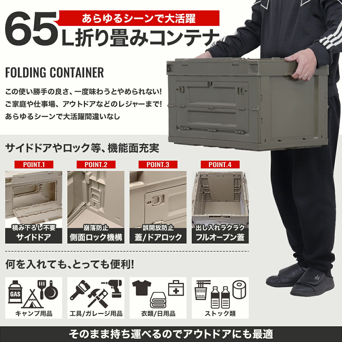 ミリタリーベース 折り畳みコンテナ 65L 中窓2箇所付(長辺１短辺１) [カラー：ブラック / TAN / OD]