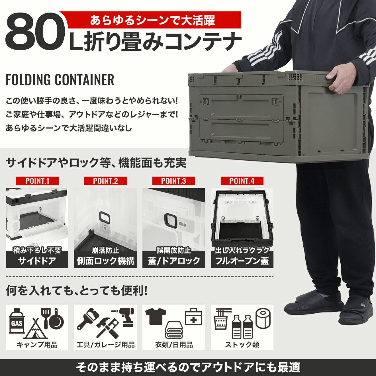 ミリタリーベース 折り畳みコンテナ 80L 中窓2箇所付(長辺１短辺１) [カラー：ブラック / TAN / OD / ブラック・クリア]