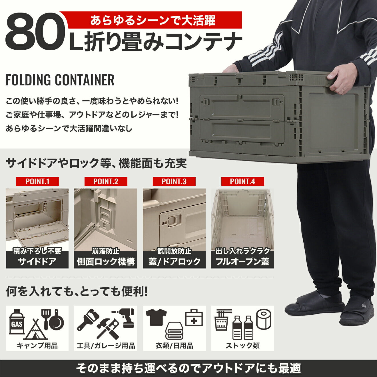 ミリタリーベース 折り畳みコンテナ 80L 中窓2箇所付(長辺１短辺１) [カラー：ブラック / TAN / OD / ブラック・クリア]