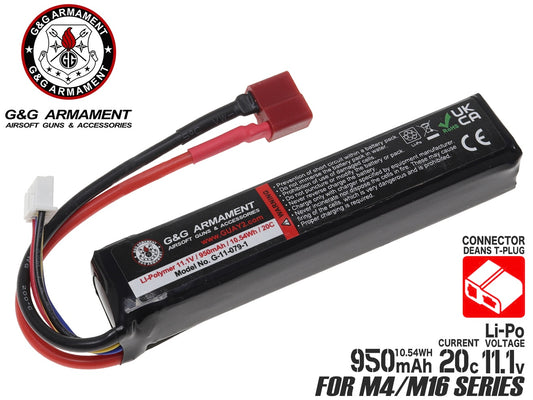 G&G 11.1V Li-Poバッテリー 950mAh(Dplug/ M4M16ストックパイプ)