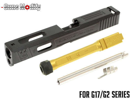 Guns Modify G17 SA CNC Tier 1 アルミスライド＆ステンレス ボックスフルート スレッドアウターバレルセット 東京マルイ GBB G17 / G22 [バレルカラー：TiNゴールド / TiCNブラック / シルバー]