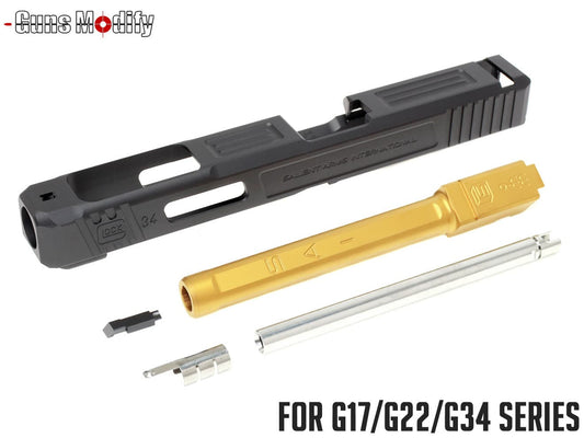 Guns Modify G34 SA CNC Tier 1 アルミスライド＆ステンレス ボックスフルート アウターバレルセット 東京マルイ GBB G17 / G22 / G34 [バレルカラー：TiNゴールド / シルバー]