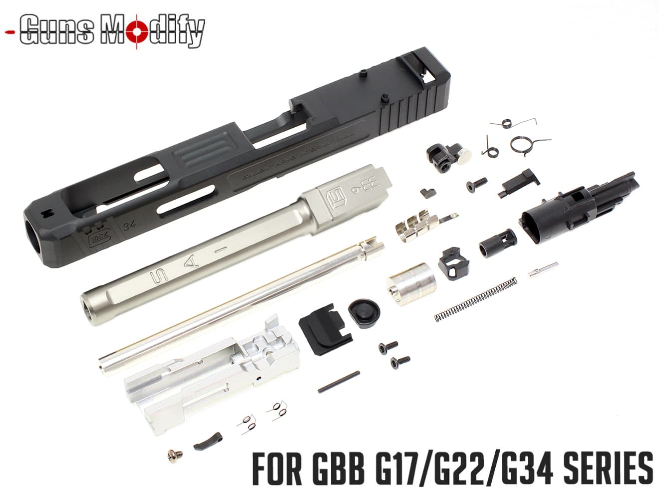 Guns Modify G34 SA CNC Tier 1 RMR アルミスライド＆ボックスフルート ステンレスアウターバレル ｗ /  ブローバックエンジンフルセット 東京マルイ GBB G17 / G22 / G34 [バレルカラー：TiNゴールド / シルバー]