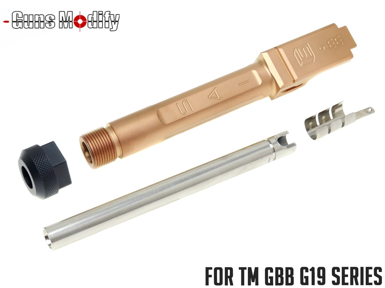GUNS MODIFY G19 SA ステンレスCNC ボックスフルート スレッドアウターバレル / インナーセット for マルイ GBB G19 [コーティング：TiN ゴールド / TiALN ブラック / TiN ローズゴールド]