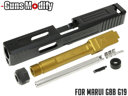 GUNS MODIFY G19 SA Tier1スタイル アルミスライド & ボックスフルート ステンレススレッドバレル for マルイ GBB G19 [バレルコーティング：TiN ゴールド / TiALN ブラック]