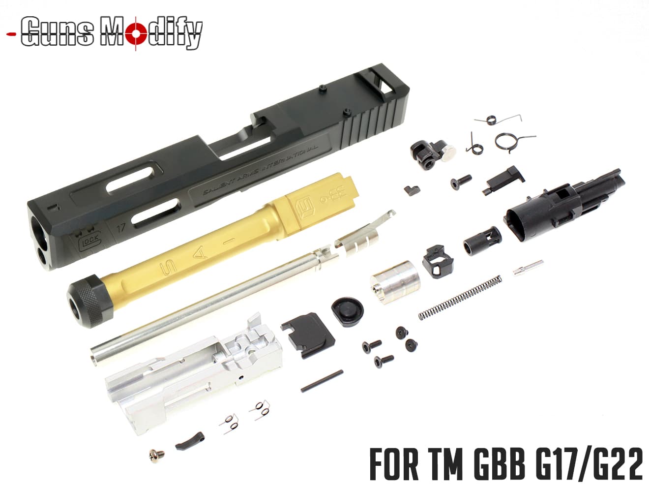 Guns Modify G17 SA CNC Tier 1 RMR アルミスライド＆ボックスフルート ステンレススレッドアウターバレル ｗ /  ブローバックエンジンフルセット 東京マルイ GBB G17 / G22 [バレルカラー：TiNゴールド / TiCNブラック / シルバー]