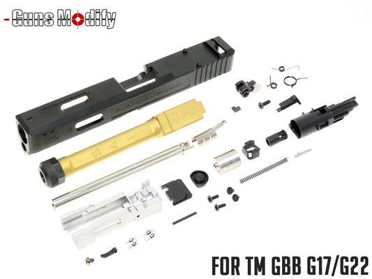 Guns Modify G17 SA CNC Tier 1 RMR アルミスライド＆ボックスフルート ステンレススレッドアウターバレル ｗ /  ブローバックエンジンフルセット 東京マルイ GBB G17 / G22 [バレルカラー：TiNゴールド / TiCNブラック / シルバー]