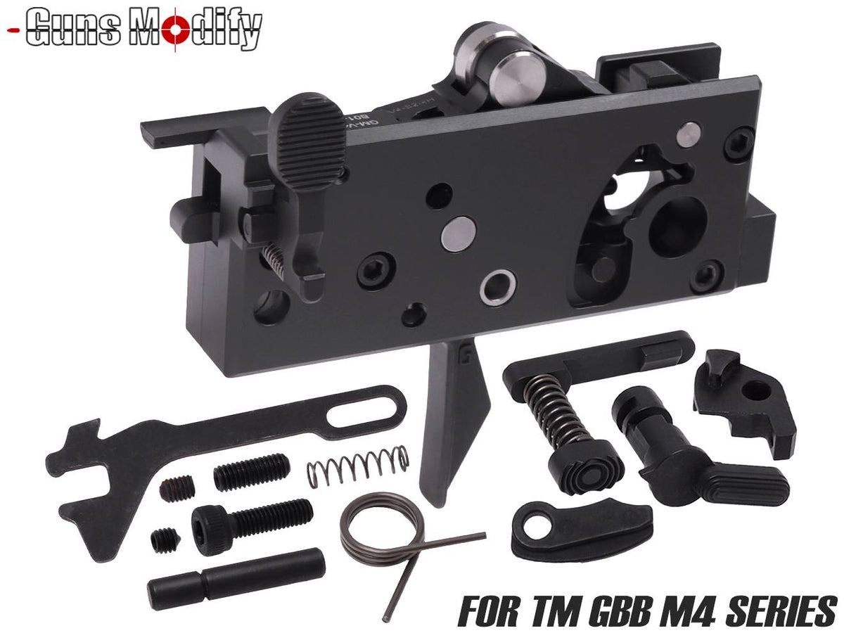 Guns Modify アルミCNCトリガーボックス + MIM スチール ファイアリングパーツセット for TM GBB M4 [トリガーデザイン：AR STD/ Gスタイル]