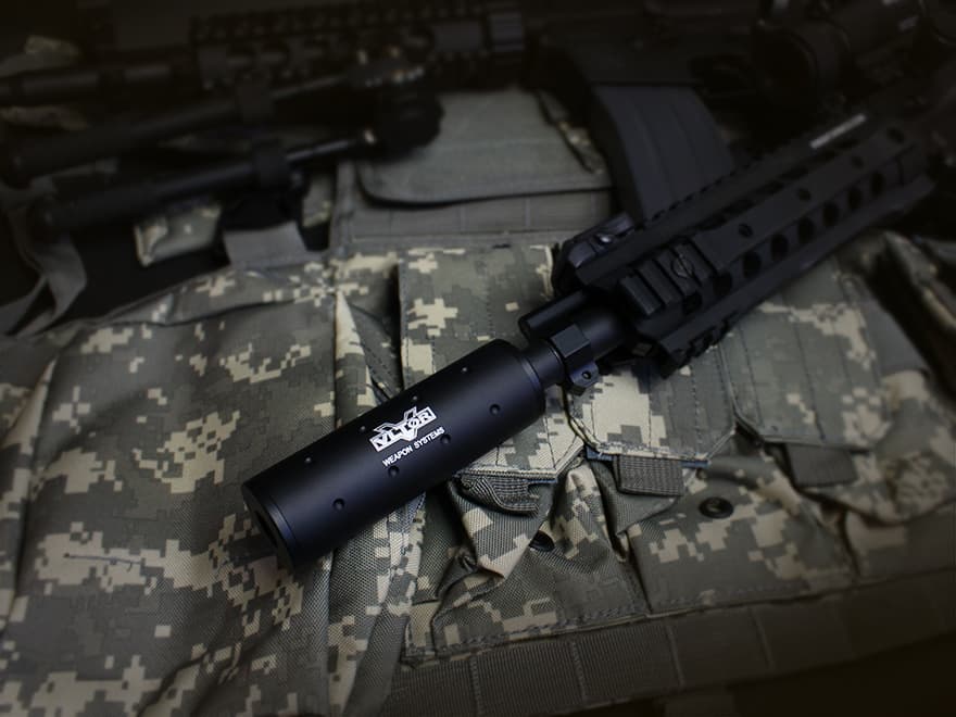 MILITARY-BASE 108mm ショートサイレンサー 14mm正 / 逆ネジ対応 [マーキング：NOVESKE / VLTOR / USAF / SF]