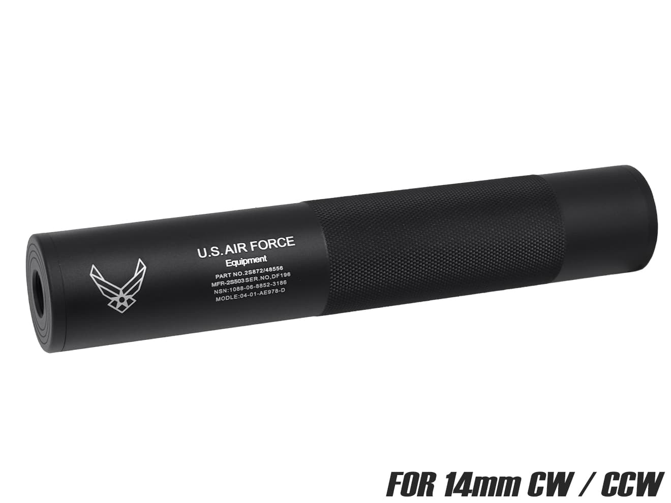 MILITARY-BASE 198mm サイレンサー 14mm正 / 逆ネジ対応 [マーキング：NOVESKE / VLTOR / USAF / SF / TROY / KAC]