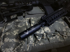 MILITARY-BASE 108mm ショートサイレンサー 14mm正 / 逆ネジ対応 [マーキング：NOVESKE / VLTOR / USAF / SF]