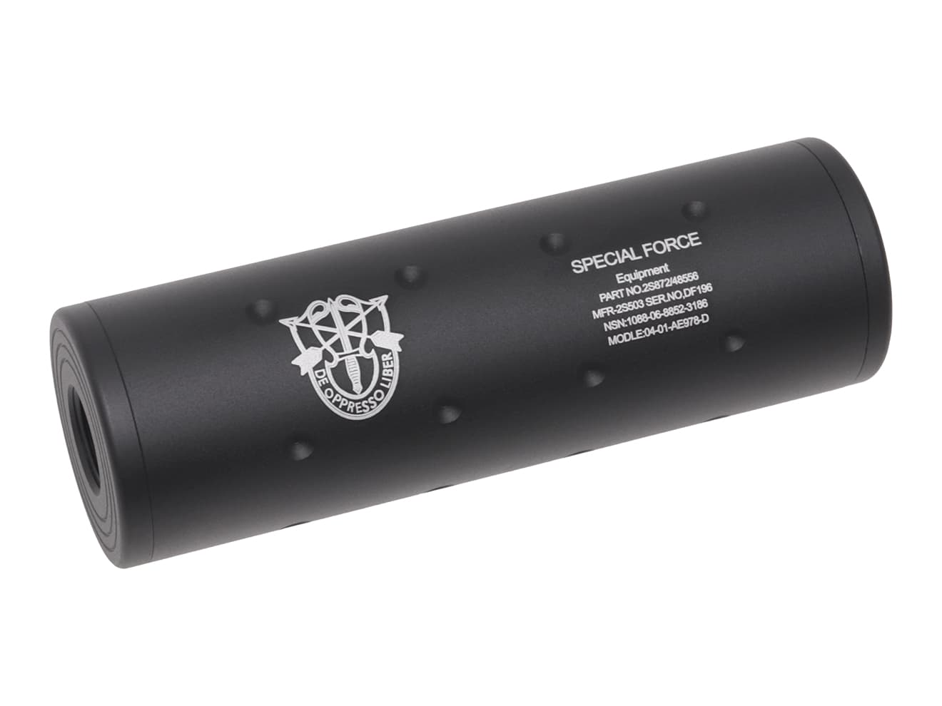 MILITARY-BASE 108mm ショートサイレンサー 14mm正 / 逆ネジ対応 [マーキング：NOVESKE / VLTOR / USAF / SF]