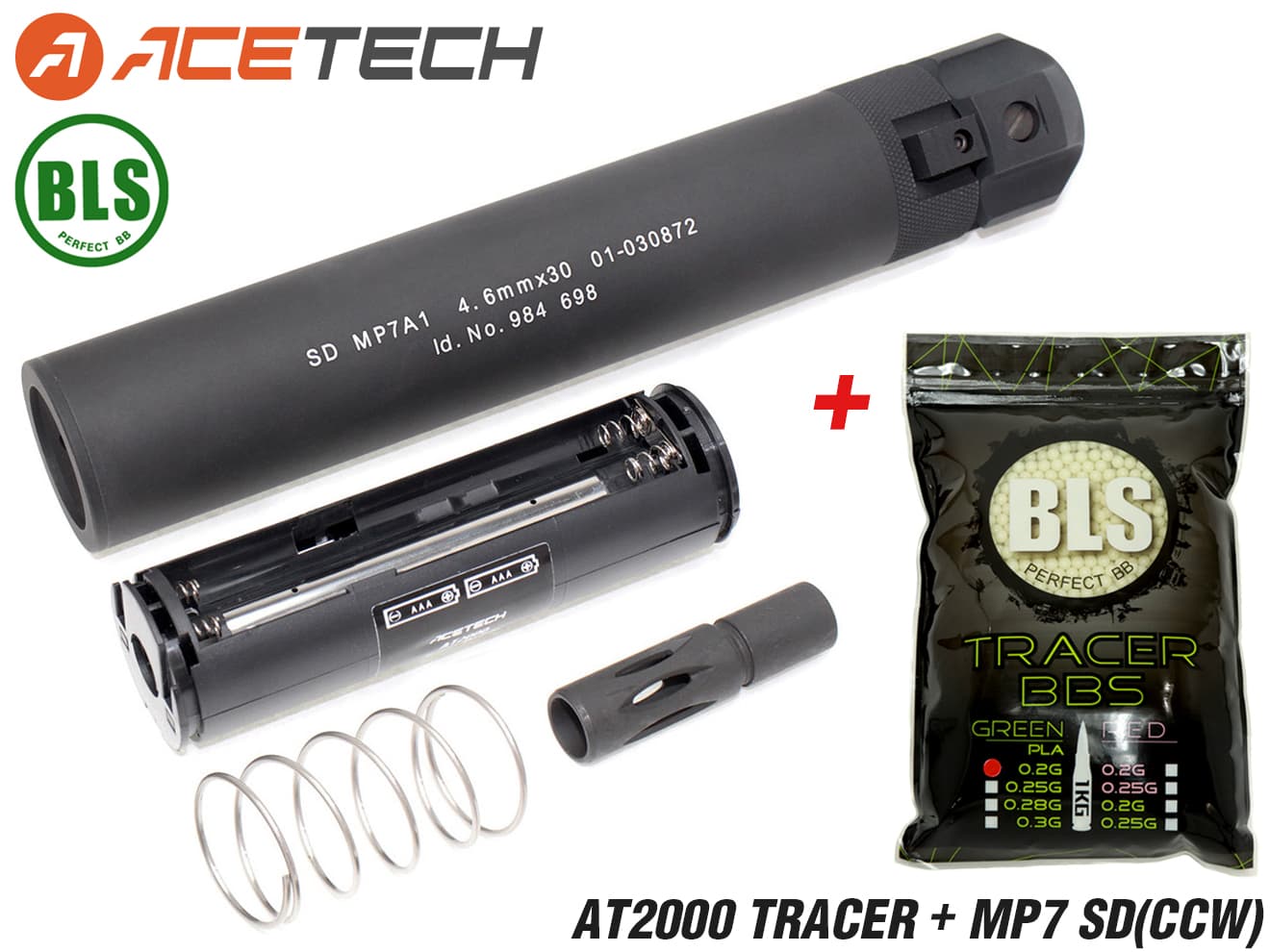 90日保証&日本語取説付 ACETECH AT2000 スーパーシャイン フルオートトレーサー w/ MP7タイプ サイレンサー（マルイ) [商品構成：本体のみ / 本体+蓄光BB / 本体+蓄光バイオBB / 本体+電池]