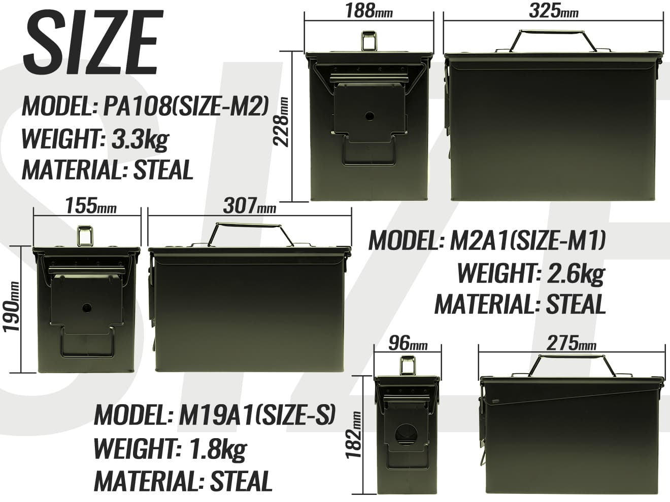 MILITARY-BASE(ミリタリーベース)M19A1タイプ  / M2A1タイプ  / PA108タイプ アンモボックス 3個セット [カラー：ブラック / OD]