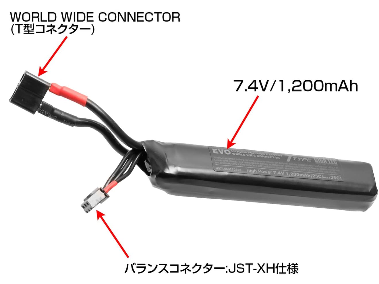 LayLax GIGA TEC EVOリポバッテリー7.4V [容量・タイプ：1100mAh AKスティックタイプ / 1200mAh ストックインタイプ / 1200mAh ストックインタイプ T型コネクタ]