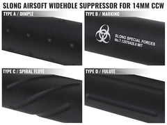 SLONG AIRSOFT ワイドホール ショートサプレッサー for 14mmCCW BK [デザイン：ディンプル / マーキング / スパイラルフルート / フルート]