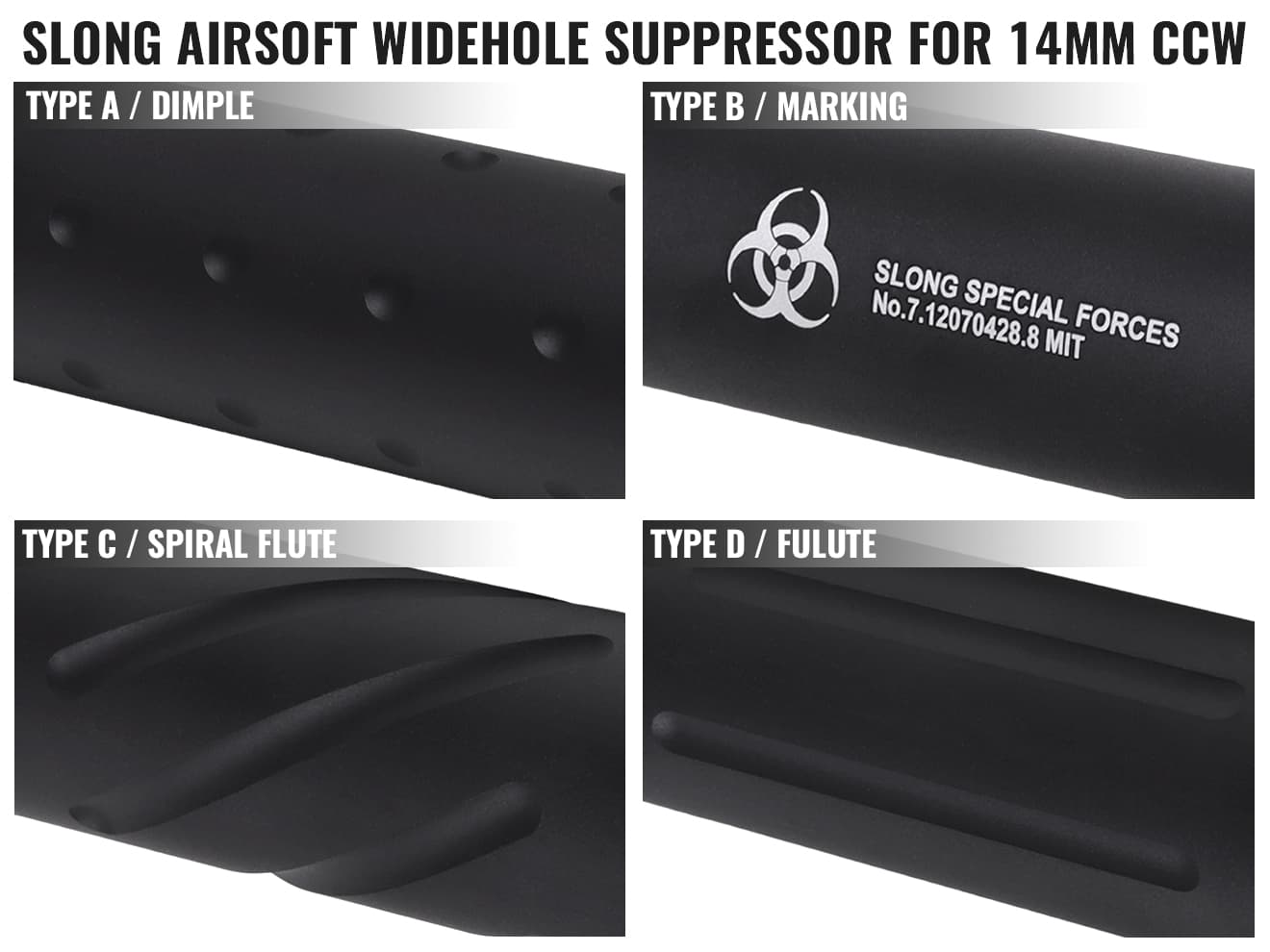 SLONG AIRSOFT ワイドホール ロングサプレッサー for 14mmCCW BK [デザイン：ディンプル / マーキング / スパイラルフルート / フルート]
