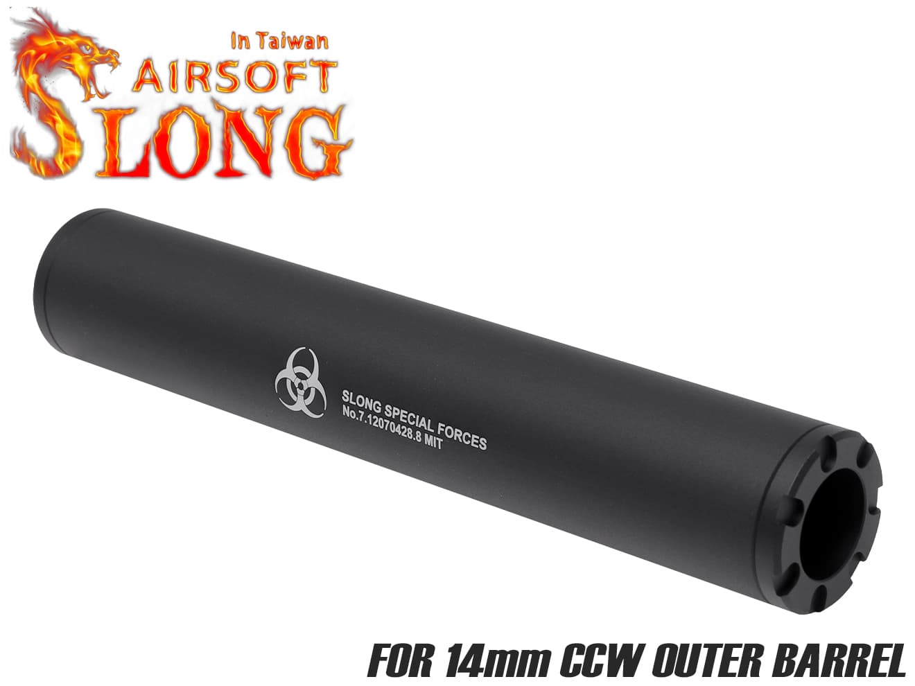 SLONG AIRSOFT ワイドホール ロングサプレッサー for 14mmCCW BK [デザイン：ディンプル / マーキング / スパイラルフルート / フルート]